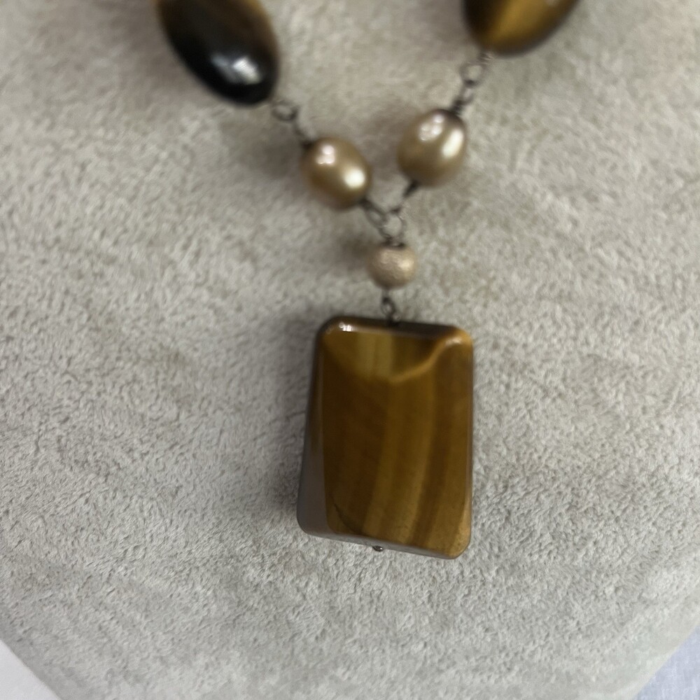 Tiger Eye Pendant‎ Necklace Freshwater Pearl Sterling Silver 925 Statement - Picture 6 of 6